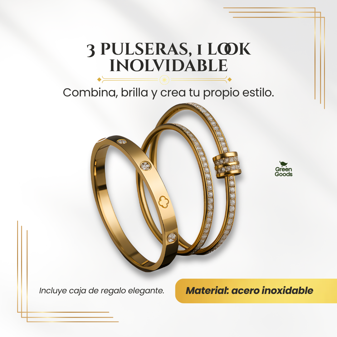 Set de 3 Pulseras Tipo Cartier – Incluye Caja de Regalo