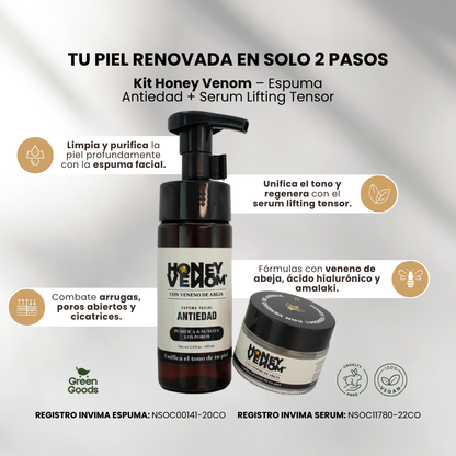 KIT HONEY VENOM ESPUMA ANTIEDAD + SERUM LIFTING TENSOR 🤩- Registros Invima: NSOC00141-20CO y NSOC11780-22CO🔝