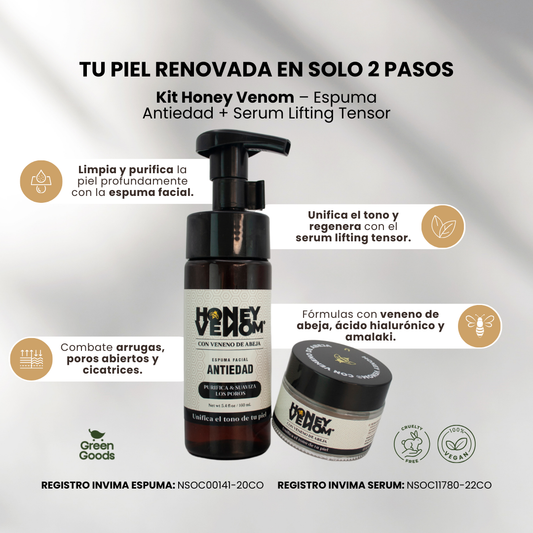 KIT HONEY VENOM ESPUMA ANTIEDAD + SERUM LIFTING TENSOR 🤩- Registros Invima: NSOC00141-20CO y NSOC11780-22CO🔝